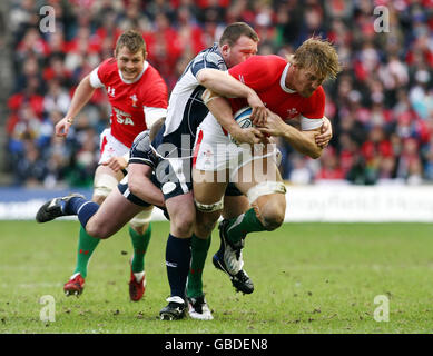 Andy Powell von Wales wird vom schottischen Allan Jacobsen während des RBS 6 Nations-Spiels im Murrayfield Stadium in Edinburgh ausgetragen. Stockfoto