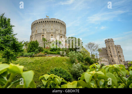 Windsor Castle mit einem blauen Himmelshintergrund. Windsor Castle ist eine königliche Residenz in Windsor in der englischen Grafschaft Berkshire. Stockfoto