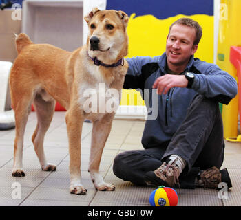 Der ehemalige Royal Marine Penny Farthing mit Bear, 1, einem Welpen, der vor dem Hundekampf in Afghanistan gerettet wurde, während seiner Ankunft im Mayhew Animal Home im Nordwesten Londons. Stockfoto