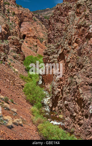 Rio-Guadalupe Canyon in Jemez Bergen, Gilman Tunnel auf links oben, in der Nähe von Jemez Springs, New Mexico, USA Stockfoto