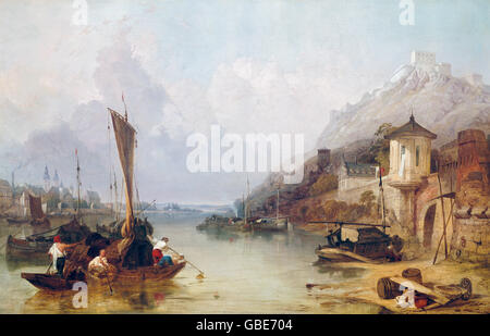 Bildende Kunst, Stanfield, (William) Clarkson Friedrich (1793 – 1867), der Rhein bei Koblenz mit Ehrenbreitstein, Öl auf Leinwand, 64 x 99 cm, Stockfoto