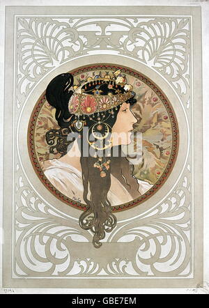 Bildende Kunst, Mucha, Alfons (1860-1939), Poster, Porträt einer Brünetten Dame, 1897 Stockfoto