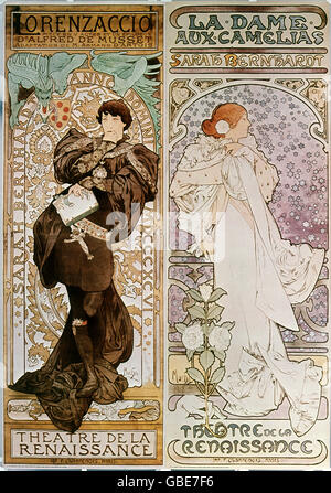 Bildende Kunst, Mucha, Alfons (1860-1939), Poster, Werbeplakate für das Theater De La Renaissance, Paris, Links: "Lorenzaccio" von Alfred de Musset, 30 x 91 cm, rechts: La Dame Aux Camelias mit Sarah Bernhardt, 30 x 76 cm, 1896 Stockfoto