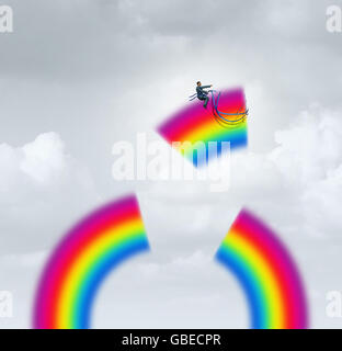 Erstellen Sie Ihr eigenes Glück Motivation Konzept als Geschäftsmann die Kontrolle über ein Stück Regenbogen mit einem Gurtzeug fliegen in Richtung einer Karriere oder Leben Ziel in einer 3D Darstellung Stil. Stockfoto