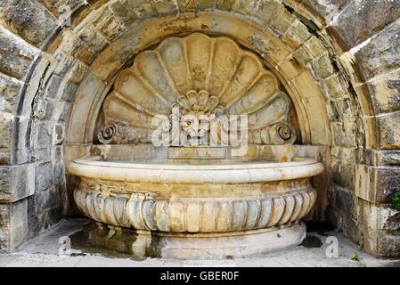 Löwenkopf, Brunnenfigur, Brunnen, Radda in Chianti, Provinz Siena, Toskana, Italien Stockfoto