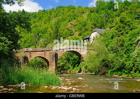 Steinerne Brücke Pont Sur le Dourdou, romanische Pilger Brücke, Fluss Dourdou, Conques, Way of St. James, Departement Aveyron, Midi-Pyrénées, Frankreich / Dourdou de Conques Stockfoto