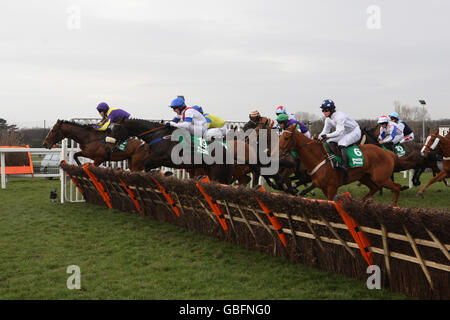 Läufer und Reiter nehmen am Paddy Power Imperial Cup Handicap Hurdle während des Paddy Power Imperial Cup Day auf der Sandown Park Racecourse in Surrey Teil. Stockfoto