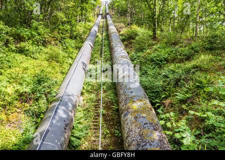 Zwei Wasserleitungen. Die Pipeline führt Wasser von Llyn oder See Trawsfynydd, die Maentwrog hydro electric Power station Stockfoto