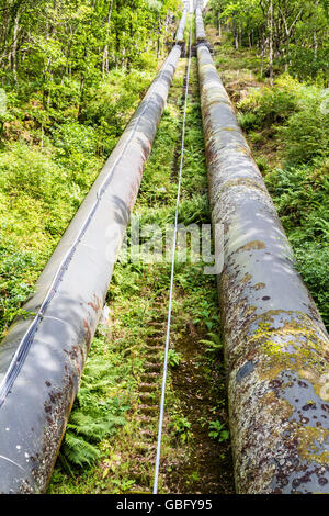 Zwei Wasserleitungen. Die Pipeline führt Wasser von Llyn oder See Trawsfynydd, die Maentwrog hydro electric Power station Stockfoto