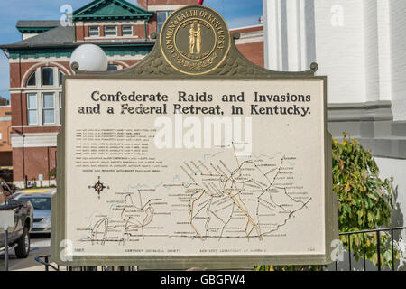 Historisches Denkmal Fahrplan für die Konföderierten Armee Razzien in Zentral Kentucky während des amerikanischen Bürgerkrieges Stockfoto