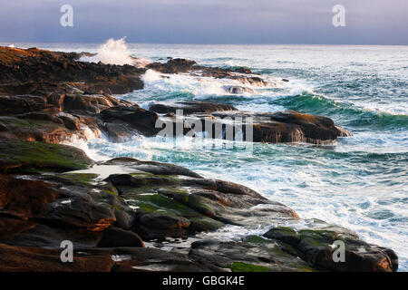 Am Abend Licht zeigt Wellen und hohe Brandung hämmerte der Basalt Küstenlinie entlang der zentralen Küste Oregons im Ruhestand. Stockfoto