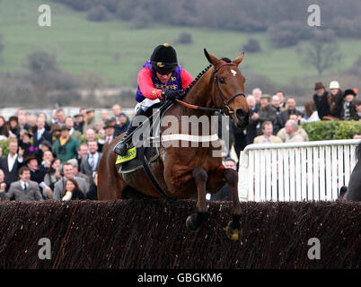 Großbritanniens Queen Elizabeth II Pferd Barber's Shop von Barry Geraghty geritten löscht den letzten Zaun in der Totesport Cheltenham Gold Cup Kirchturm Chase auf Cheltenham Racecourse, Cheltenham. Stockfoto