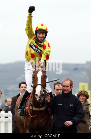 Oh Crick von Wayne Hutchinson geritten gewinnt den Johnny Henderson Grand Annual Steeple Chase auf der Cheltenham Racecourse, Cheltenham. Stockfoto