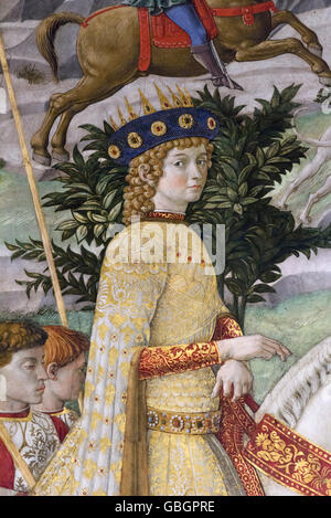 Florenz. Italien. Freskenzyklus der Prozession der Heiligen Drei Könige (Ca. 1460) von Benozzo Gozzoli, Detail der junge König Caspar. Capella dei Magi. Stockfoto