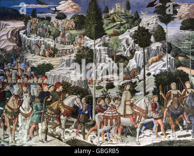 Florenz. Italien. Freskenzyklus der Prozession der Heiligen Drei Könige (Ca. 1460) von Benozzo Gozzoli, Capella dei Magi, Palazzo Medici Riccardi. Stockfoto