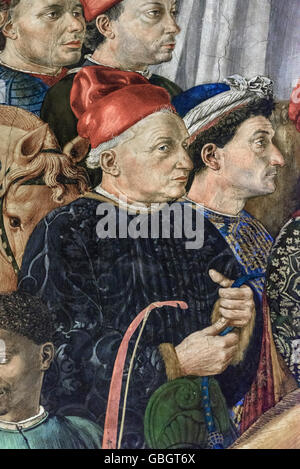 Florenz. Italien. Freskenzyklus der Prozession der Heiligen Drei Könige von Benozzo Gozzoli, Detail von Cosimo il Vecchio' de' Medici. Cappella dei Medici. Stockfoto