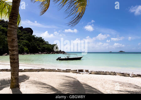 Tropischen Strandblick, Anse Volbert auf Praslin Island, Seychellen Stockfoto