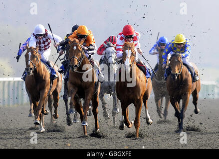 Scintillo und Jockey Richard Hughes (Red Cap) gewinnen das Winter Derby sportingbet.com von Premio Loco und Jockey George Baker (Orange Cap) während des Winter Derby Tages auf der Linfield Racecourse. Stockfoto