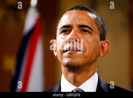 US-Präsident Barack Obama auf einer Pressekonferenz im Außenministerium in London. Stockfoto