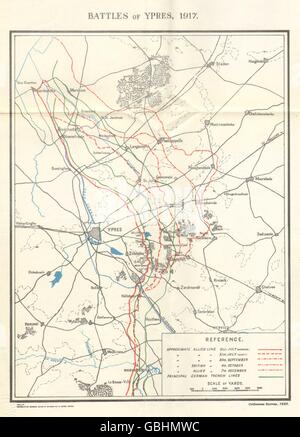 WW1 Westfront: Schlachten von Ypern, Juli bis Dezember 1917. Trench Linien, 1934 Karte Stockfoto