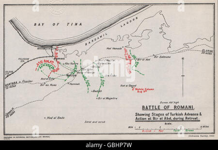 Erster Weltkrieg: Schlacht von Romani. Ägypten. Britische & türkischen Positionen, 1935 Karte Stockfoto