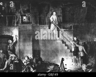 "Die Ermordung von Edith Cavell" von George Bellows, 1918. Edith Cavell (1865-1915) war eine britische Krankenschwester, die im ersten Weltkrieg von den deutschen Truppen hingerichtet wurde. Dieser Ausdruck zeigt Cavell anhalten beim Abstieg einer Treppe in einem Gefängnis in Belgien, vor ihrer Hinrichtung. Stockfoto