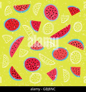 nahtlose Muster mit Reife Wassermelone Symbol auf gelbem Hintergrund. Vektor-Textile print Ornament. Mode, Grunge-Wallpaper-co Stock Vektor