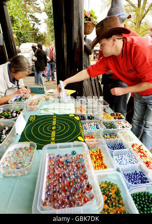 Ein Konkurrent wählt eine neue Tolley für die Eröffnungsspiele der World Marbles Championships im Greyhound Inn in Tinsley Green, West Sussex. Stockfoto