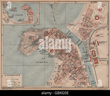 SAN SEBASTIAN. Karte Stadtplan Vintage Stadt. Spanien. La Concha, 1921 Stockfoto