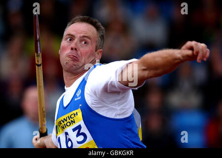 Leichtathletik - die Norwich Union Olympic Trials & AAA Championships - Javelin der Männer - Finale. Mick Hill, Leeds Stockfoto