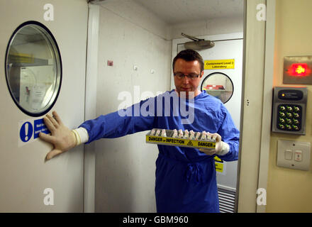 Ein Wissenschaftler behandelt Virusproben im West of Scotland Specialist Virology Centre am Gartnavel General Hospital, Glasgow, wo er Grippeproben auf Spuren der Schweinegrippe untersucht hat. Stockfoto