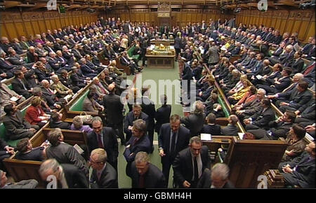 Das Unterhaus in Westminster, London, wie der Unterhaussprecher Michael Martin seinen Rücktritt gegenüber den Abgeordneten ankündigt. Stockfoto