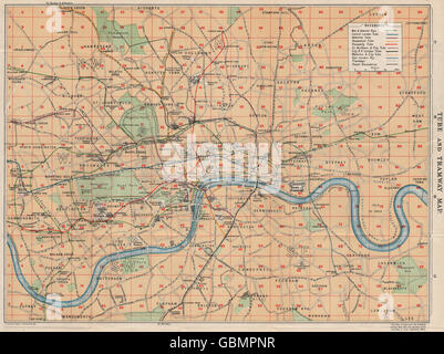 LONDONER U-BAHN UND STRAßENBAHN-KARTE. Vintage u-Bahn Plan. London, 1927 Stockfoto