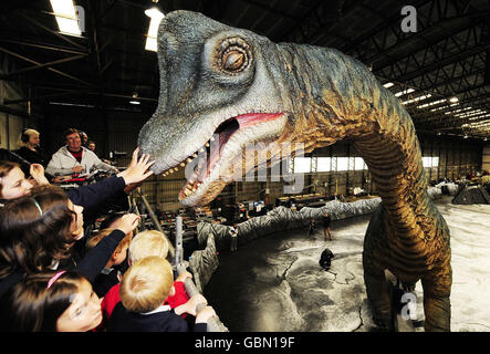 Kinder, die die Show „Walking with Dinosaurs“ in Tockwith, North Yorkshire, besuchen, bewundern zwei Brachiosaurus Animatronic-Modelle, die sich am Set bewegen. Stockfoto