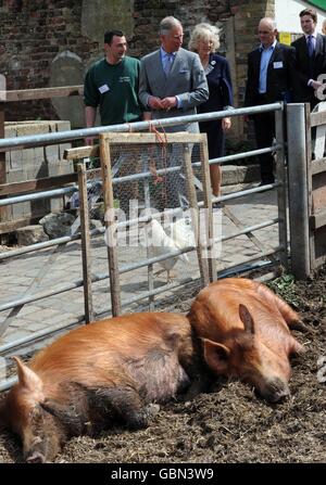 Der Prinz von Wales spricht mit Mitarbeitern, während er die Hackney City Farm in London besichtigt, um die Arbeit der Federation of City Farms zu feiern. Stockfoto