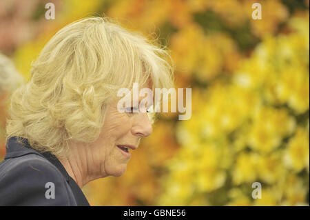 Die Herzogin von Cornwall sieht sich einige Blumenausstellungen während ihres Besuches in der Royal Bath and West Show, Shepton Mallet, Somerset an. Stockfoto