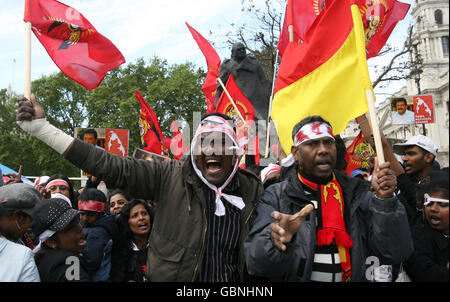 Tamilische Tiger protestieren vor dem Londoner Parlament, als die srilankische Armee ihre Aufräumen gegen die letzten verbleibenden tamilischen Tiger-Rebellen abschließt, die gegen staatliche Truppen kämpfen. Stockfoto