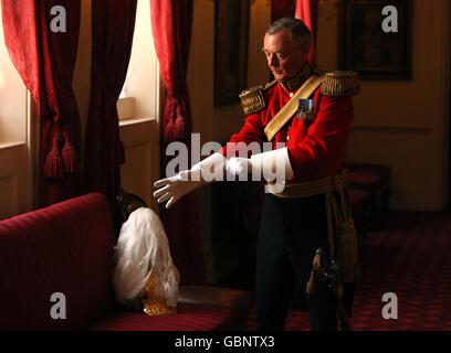 Ein Mitglied der Gentlemen at Arms, im Colour Court, im St. James's Palace, London, als Teil einer Parade anlässlich des 500. Jahrestages der Anstalt der Gentlemen at Arms als Leibwächter des Monarchen durch König Heinrich VIII. Im Jahr 1509. Stockfoto