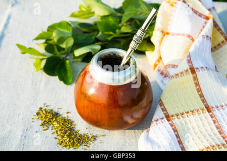 Yerba Mate in Kürbis Kalebasse mit Bombilla. Traditionelle Lateinamerika Kräutertee in Mate Kalebasse mit speziellen Mate trinken Stockfoto