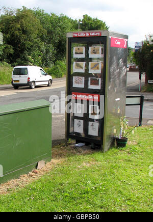 Eine vandalgeplagte Telefonbox in Cradley, West Midlands, die als die kleinste Kunstgalerie Großbritanniens eine neue Lebensader erhalten hat. Stockfoto