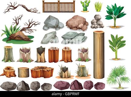 Gartenarbeit-Reihe von Steinen und Ästen illustration Stock Vektor