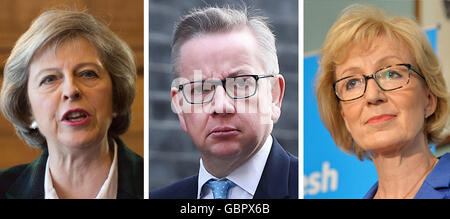 Archiv - KOMBO - eine Bild-Kombination die Bewerber für die Nachfolge der britische Premierminister David zeigt Cameron: Großbritanniens Home Secretary Theresa May (l-R, 25. April 2016 in London), britische Staatssekretär für Justiz Michael Gove (22. März 2016 in London) und Staatsminister für Energie (4. Juli 2016 in London). Foto: Will Oliver/Andy Rain/Sean Dempsey/epa Stockfoto