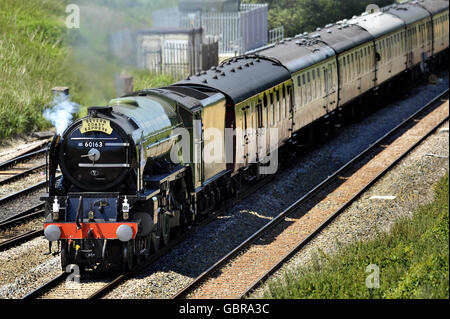 Die Peppercorn-Baureihe A1 Pacific 60163 Tornado, die erste seit fast 50 Jahren in Großbritannien gebaute Dampflokomotive, fährt von Wales aus mit zwei speziellen Severn Coast Express-Exkursionszügen in Richtung Pilning im West Country. Stockfoto