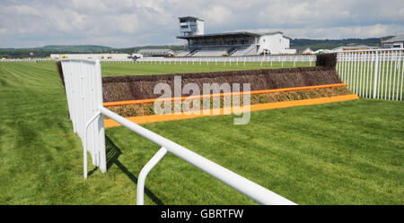 Ein Blick auf den letzten Zaun und Stand auf Ffos Las Racecourse, Trimsaran. Stockfoto