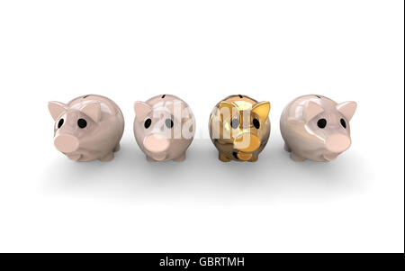 3D render Bild aus einer Reihe von Sparschweine und ein goldenes Schweinchen. Stockfoto