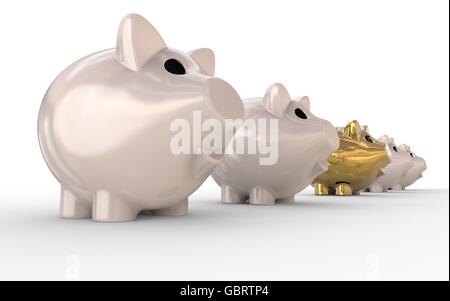 3D Render Bild, das eine Reihe von Sparschweine mit einem goldenen in Mitte darstellt. Stockfoto