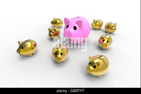 3D render Bild, das ein Sparschwein mit goldenen Mini-Sparschweine darstellt. Stockfoto