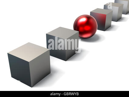 3D render Bild aus einer Reihe von Würfel mit einem roten Ball in der Mitte die einzelnen Völker. Stockfoto