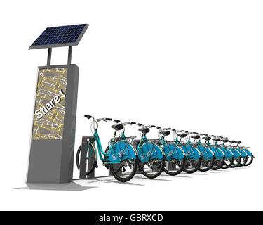 3D Render Bild stellvertretend für ein Fahrrad Station-Konzept mit Karten und Solar-Panel. Stockfoto