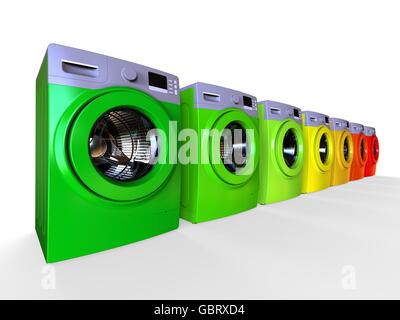 3D render Bild aus einer Reihe von Waschmaschinen in verschiedenen Farben, ein Energie-Effizienz-Konzept darstellt. Stockfoto